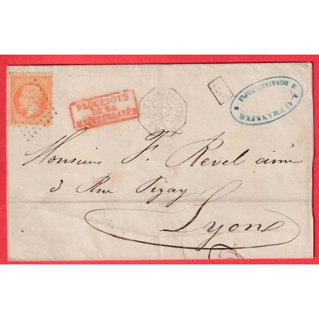 N°23 OBLITERATION ANCRE CONSTANTINOPLE TURQUIE TURKEY PAQUEBOT FR U N°2 POUR LYON BFE