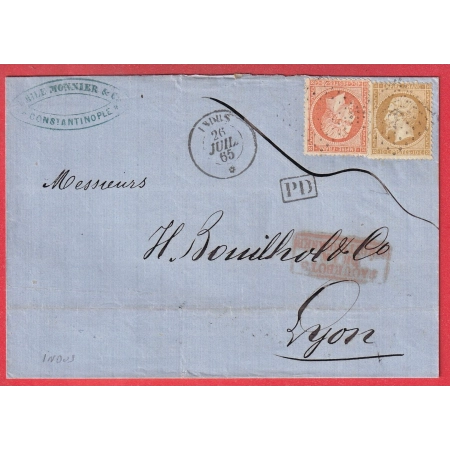 N°21 23 ANCRE  PAQUEBOT POSTE INDUS 1865 POUR LYON