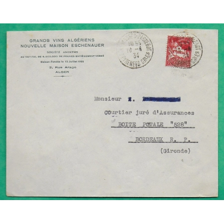CAD PORT VENDRES PAQUEBOT PYRENEES ORIENTALES ENVELOPPE PUB GRANDS VINS ALGERIENS ALGER ALGERIE POUR BORDEAUX 1934