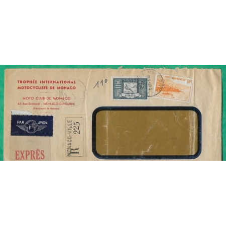 N°311A + 100F POSTE ARIENNE RECOMMANDE EXPRES PAR AVION TROPHEE INTERNATIONAL MOTOCYCLISTE MONACO GENEVE SUISSE 1950