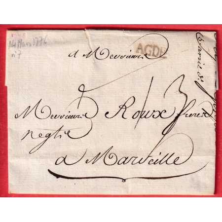 MARQUE AGDE HERAULT LN°7 1776 POUR MARSEILLE INDICE 8