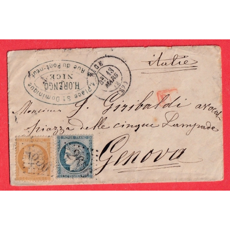 N°59 60 GC 2650 NICE ALPES MARITIMES 1872 POUR GENES GENOVA ITALIE ITALIA