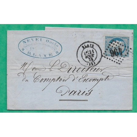 N°37 CERES TYPE SIEGE VARIETE 0 20C GC 496 BLAYE GIRONDE POUR PARIS 1871 LETTRE COVER FRANCE