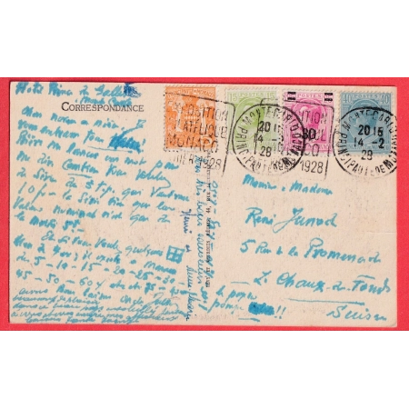 MONACO TARIF A 90C DAGUIN EXPOSITION PHILATELIQUE MONACO FEVRIER 1928 POUR LA CHAUX DE FONDS SUISSE