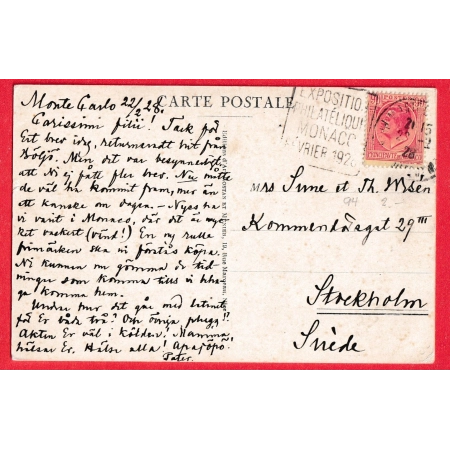 MONACO TARIF A 90C DAGUIN EXPOSITION PHILATELIQUE MONACO FEVRIER 1928 90C ROUGE POUR STOCKHOLM SUEDE SWEDEN