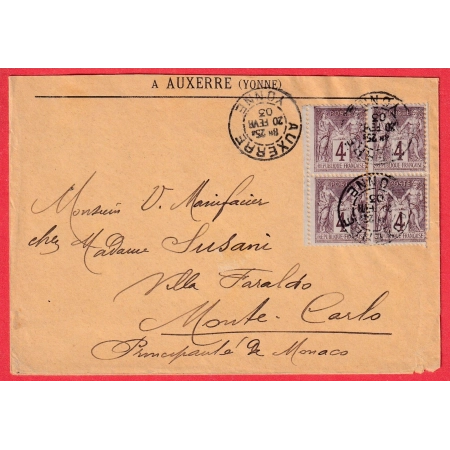 N°88 BLOC DE 4 BDF AUXERRE YONNE 1903 POUR MONTE CARLO MONACO
