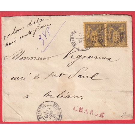N°93 PAIRE SUR LETTRE CHARGEE DE ETAMPES SEINE ET OISE 1884 ORLEANS LOIRET