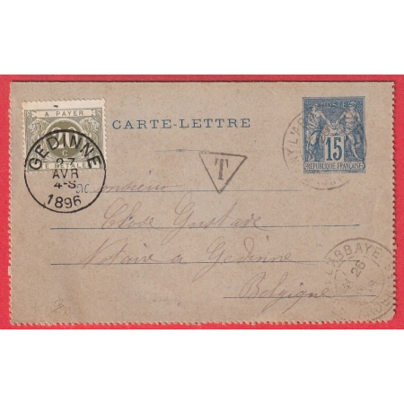ENTIER SAGE 15C SIGNY L'ABBAYE TAXE 20C GEDINNE BELGIQUE 1896 TEXTE DOMMERY