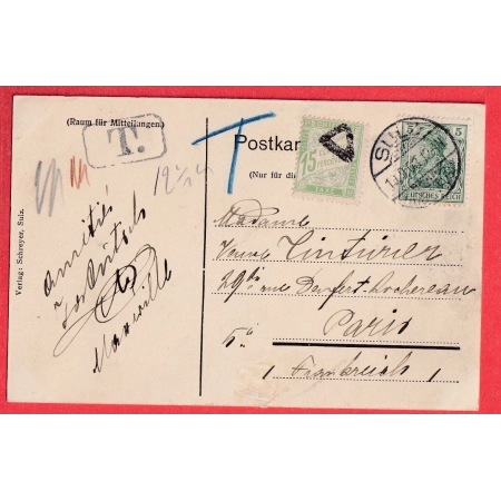 SOULTZ HAUT RHIN 1903 GERMANIA POUR PARIS CARTE POSTALE TAXEE TAXE 15C DUVAL VERT