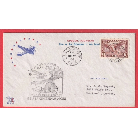 CANADA PREMIER VOL FIRST FLIGHT ILE A LA CROSSE LA LOCHE 1936 POUR MONTREAL QUEBEC