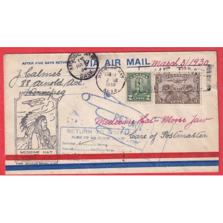CANADA PREMIER VOL FIRST FLIGHT MEDECINE HAT TO MOOSE JAW 1930 RETURN TO WRITER WINNIPEG