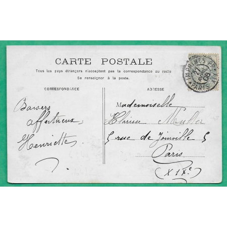 N°111 BLANC CAD IMPRIMES PP PARIS XIX CARTE POSTALE POUR PARIS RUE JOINVILLE 1906 LETTRE COVER FRANCE