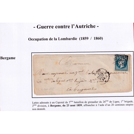 N°14 POSTFS TARIF MILITAIRE ARMEE ITALIE A BERGAME 1859 DEPART PARIS