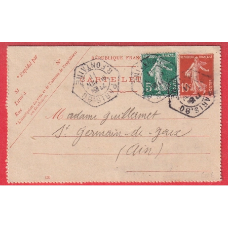 ENTIER SEMEUSE + 137 PARIS 90 R FONTAINE 1911 LEVEE EXCEPTIONNELLE POUR ST GERMAIN DE JOUX AIN