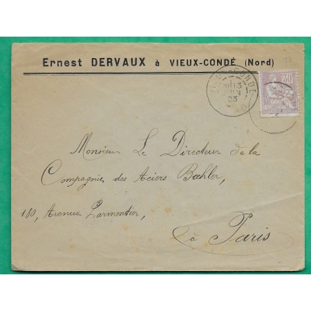 N°128 MOUCHON RETOUCHE 30C VIOLET SEUL SUR LETTRE CAD VIEUX CONDE NORD POUR PARIS 1903 LETTRE COVER FRANCE