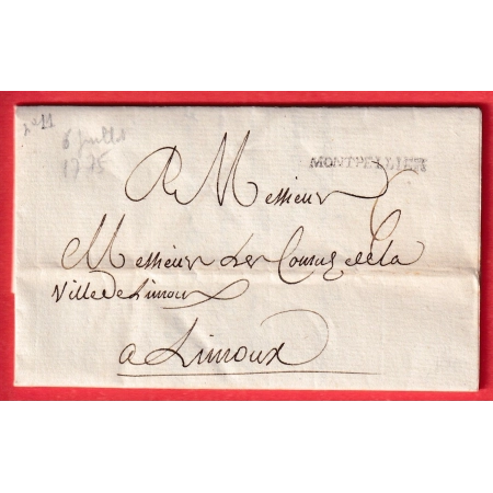 MARQUE MONTPELLIER HERAULT LN°11 1775 POUR LIMOUX AUDE INDICE 10 BEAU CACHET DE CIRE AU DOS