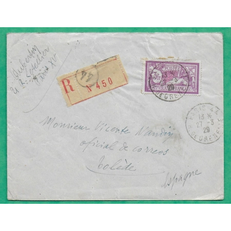 N°240 MERSON 3F VIOLET SEUL SUR LETTRE RECOMMANDE PARIS RUE DE GRENELLE POUR TOLEDE ESPAGNE SPAIN 1929 COVER FRANCE