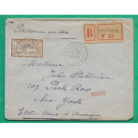 N°120 MERSON 50C RECOMMANDE COUTERNE ORNE POUR NEW YORK ETATS UNIS USA 1920 LETTRE COVER FRANCE