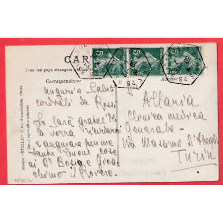 N°137 BANDE DE 3 LEVEE EXCEPTIONNELLE PARIS 28 R DE PONTOISE POUR TURIN ITALIE 1907