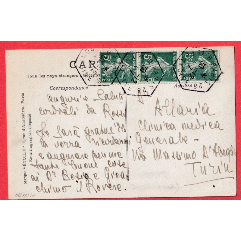 N°137 BANDE DE 3 LEVEE EXCEPTIONNELLE PARIS 28 R DE PONTOISE POUR TURIN ITALIE 1907