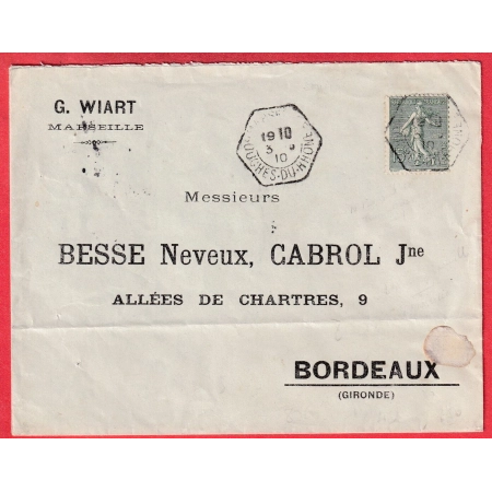 N°130 LEVEE EXCEPTIONNELLE MARSEILLE BOUCHES DU RHONE POUR BORDEAUX TYPE SEMEUSE 1910