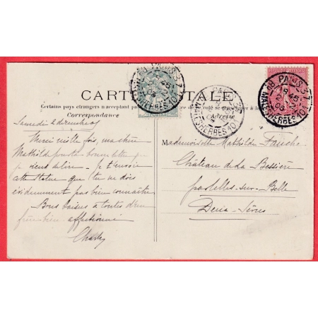 N°111 129 LEVEE EXCEPTIONNELLE PARIS 37 BD MALESHERBES 101 POUR CELLES SUR BELLE DEUX SEVRES 1905