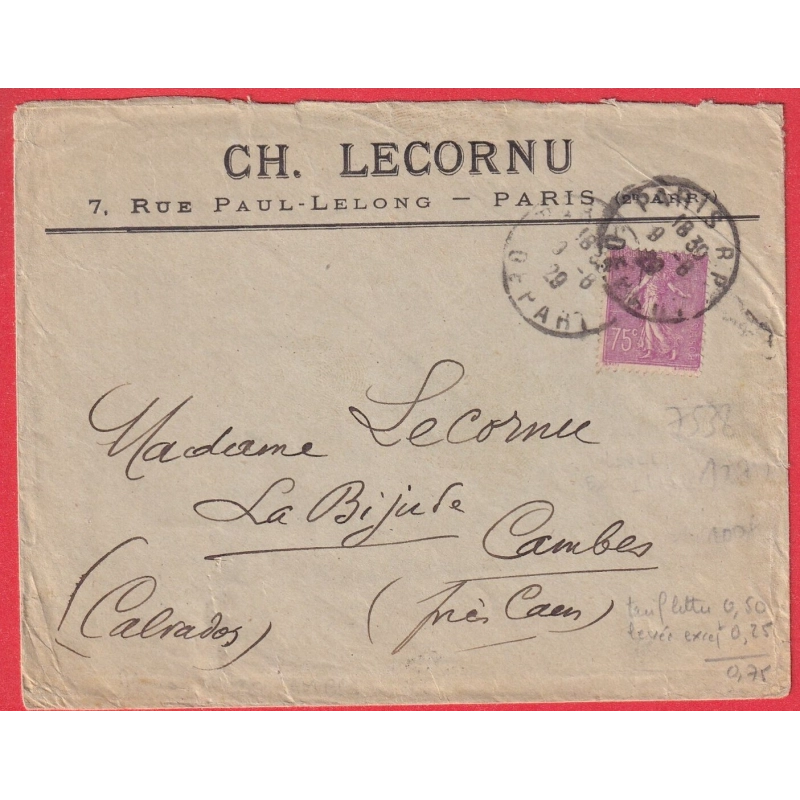 N°202 SEUL SUR LEVEE EXCEPTIONNELLE PARIS  DEPART RP 1929 POUR CAMBES CALVADOS