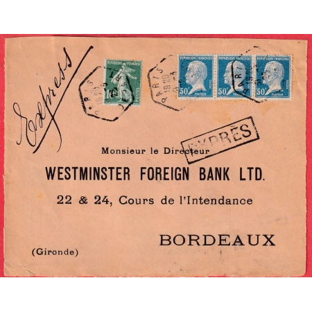 N°178 276 BANDE DE 3 LEVEE EXCEPTIONNELLE EXPRES PARIS DEPART 1925 POUR BORDEAUX DEVANT DE LETTRE
