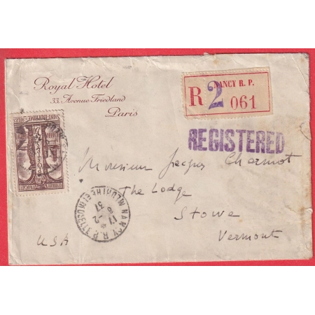 N°302 SEUL SUR LETTRE RECOMMANDEE NANCY 1937 POUR STOWE VERMONT USA ETATS UNIS AMERIQUE