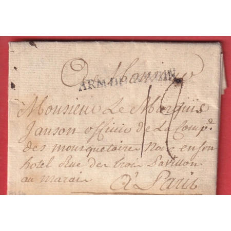 MARQUE ARMEE DU RHIN 1758 QUARTIER GENERAL RECKLINGHAUSEN POUR UN OFFICIER MOUSQUETAIRE A PARIS