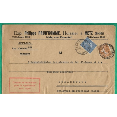 N°205 + 235 SEMEUSE LETTRE METZ RUE LAFAYETTE TARIF SPECIAL ALSACE LORRAINE 1F25 POUR STRASBOURG 1927 COVER FRANCE