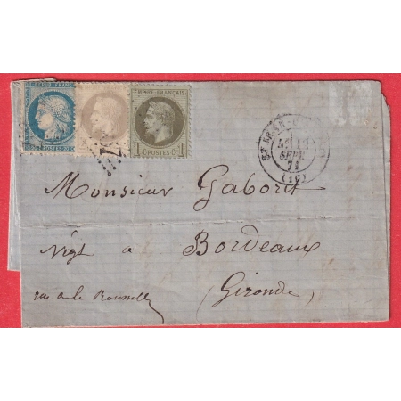 N°37 25 27 GC 3667 ST JEAN D'ANGELY CHARENTE INFERIEURE POUR BORDEAUX GIRONDE 12 SEPTEMBRE 1871
