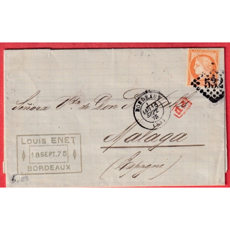 N°38 GC 532 BORDEAUX GIRONDE POUR MALAGA ESPAGNE SPAIN 1875