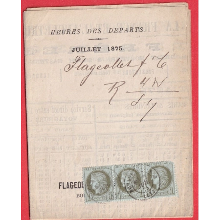 N°50 BANDE DE 3 CAD BOULOGNE SUR MER PAS DE CALAIS 1875 SUR TARIF PAQUEBOT FLAGEOLET POUR ANGLETERRE