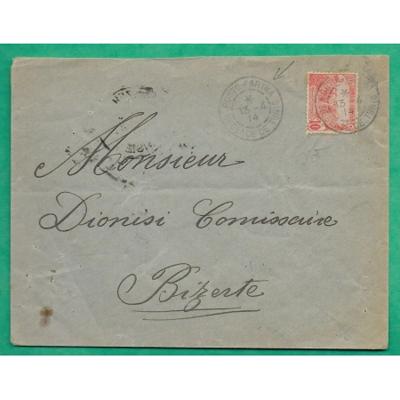TIMBRE 10C CAD PORTO FARINA GHAR EL MELH REGENCE DE TUNIS TUNISIE PROTECTORAT FRANCAIS POUR BIZERTE 1914 COVER FRANCE