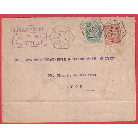 N°117 + 111 LEVEE EXCEPTIONNELLE  MARSEILLE BOUCHES DU RHONE 1902 POUR LYON