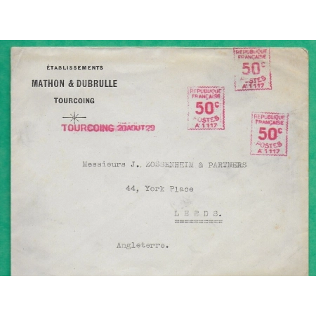 EMA TOURCOING NORD 50C x3 TARIF 1F50 ETRANGER POUR LEEDS ANGLETERRE ENGLAND 1929 LETTRE COVER FRANCE