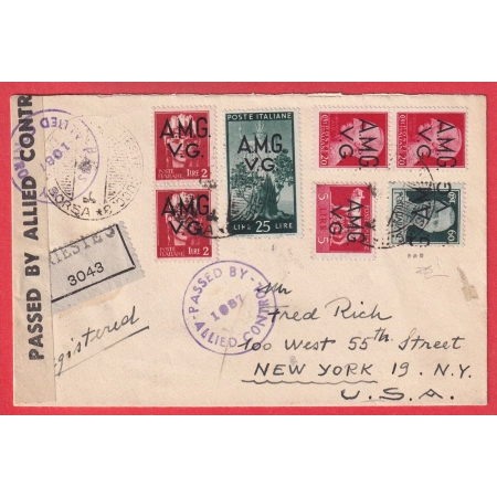 ITALIE AMG VG TRIEST 1946 POUR NEW YORK USA 60C CAPOVOLTA SURCHARGE INVERSE ET DECALE SIGNE CERTIFICAT CARRARO CENSURE