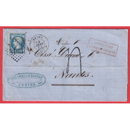 N°22 GC 3103 REIMS MARNE 1864 TAXE TAMPON 4 AFFR INSUFF EN ROUGE POUR NANTES LOIRE INFERIEURE VARIETE PIQUAGE A CHEVAL