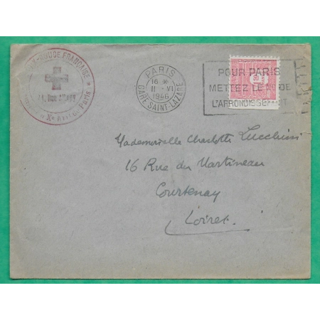N°625 ARC DE TRIOMPHE 1F50 ROSE LETTRE CROIX ROUGE FRANCAISE PARIS GARE ST LAZARE POUR COURTENAY LOIRET 1946 FRANCE