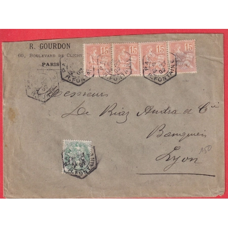 N°111 129 BANDE DE 4 LEVEE EXCEPTIONNELLE PARIS R FONTAINE POUR LYON 1902 4EME ECHELON