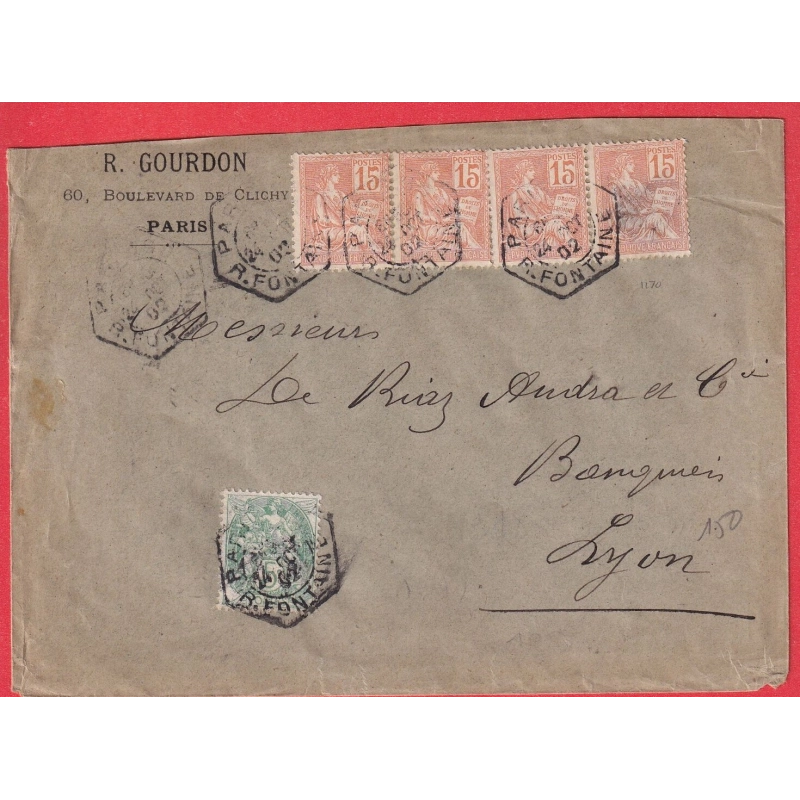 N°111 129 BANDE DE 4 LEVEE EXCEPTIONNELLE PARIS R FONTAINE POUR LYON 1902 4EME ECHELON