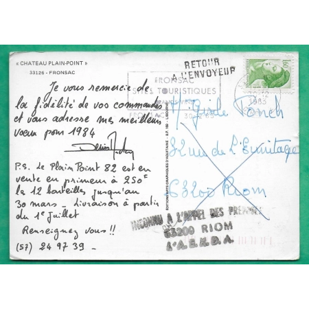 N°2219 LIBERTE DE GANDON CP FRONSAC GIRONDE POUR RIOM PUY DE DOME GRIFFE RETOUR ENVOYEUR INCONNU A L'APPEL DES PREPOSES