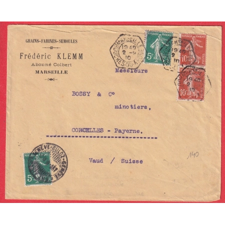 N°137 138 X2 LEVEE EXCEPTIONNELLE MARSEILLE BOUCHES DU RHONE 1910 POUR CORCELLES PAYERNE SUISSE OBLITERATION SUISSE
