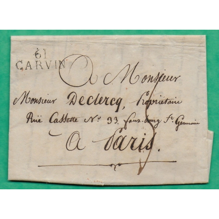 MARQUE 61 CARVIN PAS DE CALAIS POUR PARIS 31x12 1816 LETTRE COVER FRANCE