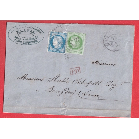 N°53 60 GC 904 PARIS CHARONNE 1874 POUR BOURGDORF SUISSE