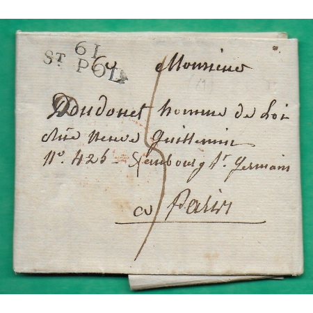 MARQUE 61 ST POL SUR TERNOISE PAS DE CALAIS LETTRE JUGE DE PAIX POUR PARIS 26x10 1810 LETTRE COVER FRANCE