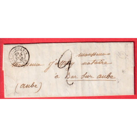 26 JANVIER 1849 CAD TYPE 15 CHATEAU VILLAIN HAUTE MARNE BOITE RURALE O LANTY SUR AUBE POUR BAR SUR AUBE