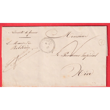 CAD TYPE 22 EN FRANCHISE ROQUEBILLIERE ALPES MARITIMES BOITE RURALE A BELVEDERE POUR NICE 1867