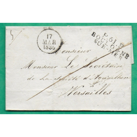 MARQUE P61P BOULOGNE SUR MER PAS DE CALAIS POUR VERSAILLES + GRIFFE BANLIEUE 2ème DISTRIBUTION 42x14 VERSO 1830 FRANCE